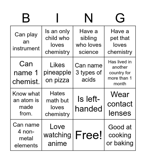 Chemistry bingo Card