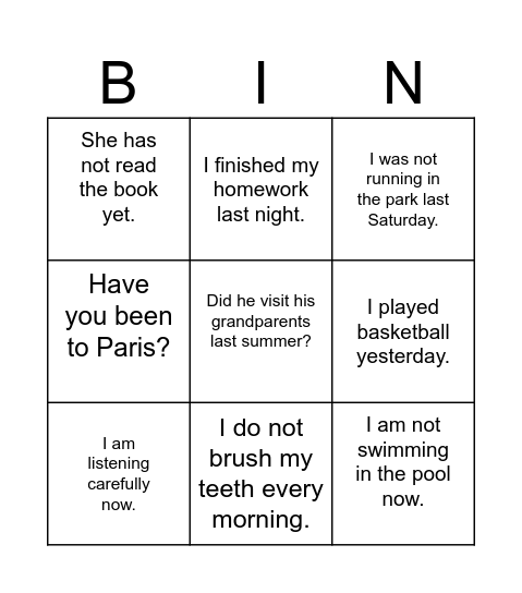 1. Past and present tenses Bingo Card