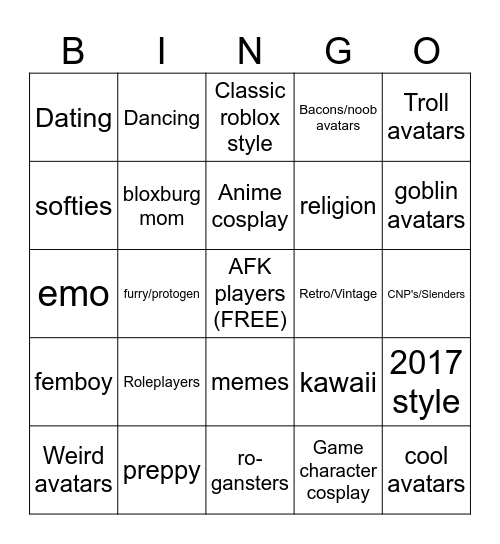 avatar catalog creator Bingo Card