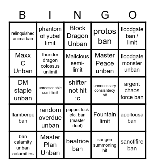 Forbidden and Limited List Bingo Card