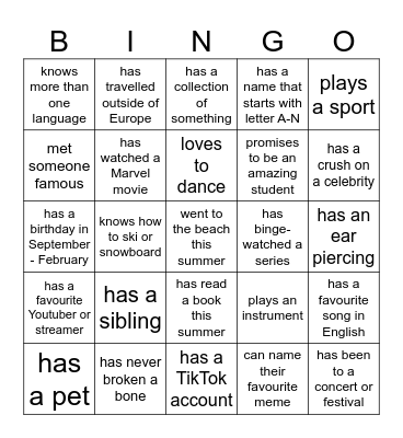 Character Bingo Card