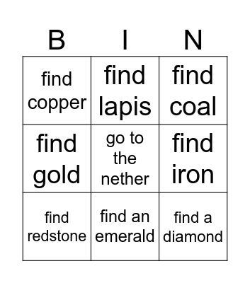 Minecraft survival challanges Bingo Card