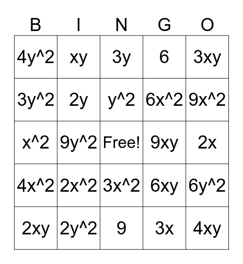 Monomial Bingo Card