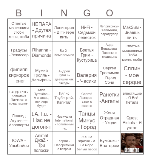 Музыкальное лото! Bingo Card