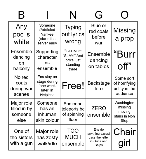 Roblox Hamilton Bingo Card