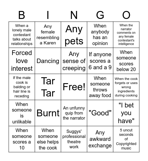 Come Dine with Me Bingo Card