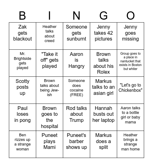 The Gang goes to nantucket Bingo Card