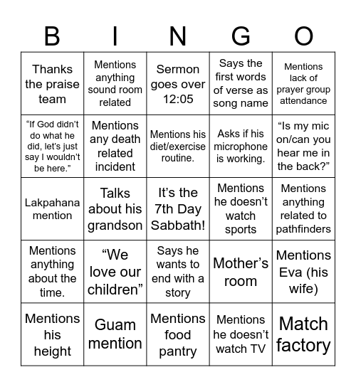 Weslaco Church Bingo Card