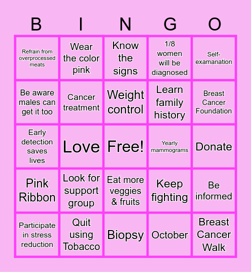 Breast Cancer Awareness Bingo Card