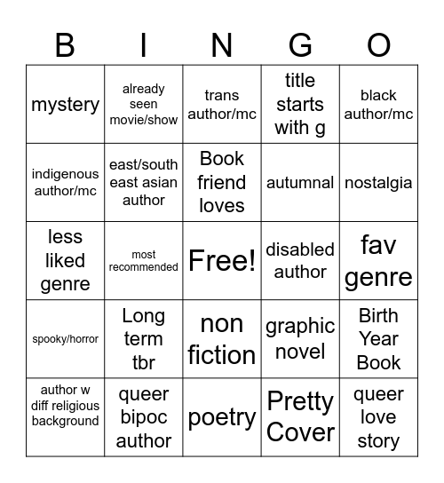 Reading Bingo Card