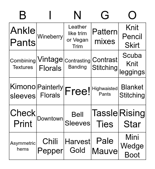 Fashion Bingo Card