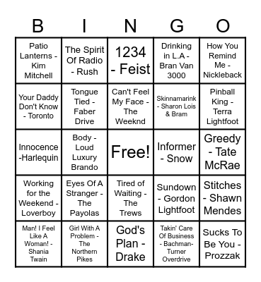 Canadian Hits! Bingo Card
