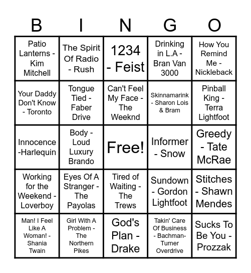 Canadian Hits! Bingo Card