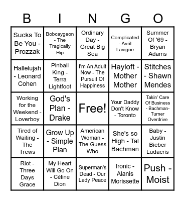 Canadian Hits! Bingo Card