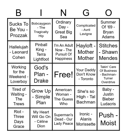 Canadian Hits! Bingo Card