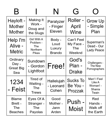 Canadian Hits! Bingo Card