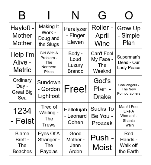 Canadian Hits! Bingo Card