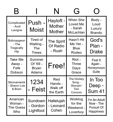 Canadian Hits! Bingo Card