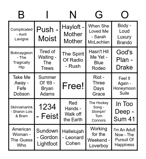 Canadian Hits! Bingo Card