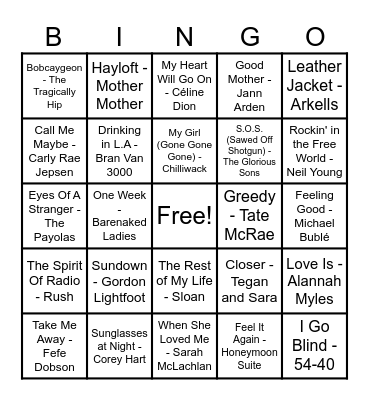 Canadian Hits! Bingo Card