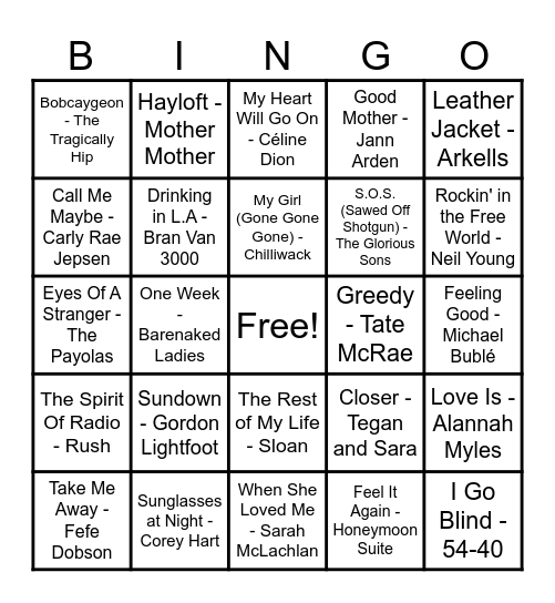 Canadian Hits! Bingo Card