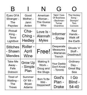 Canadian Hits! Bingo Card