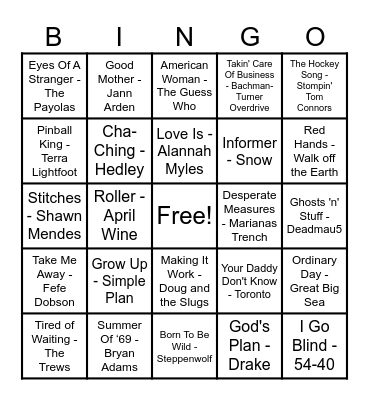 Canadian Hits! Bingo Card