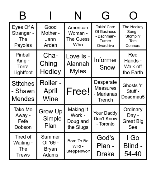 Canadian Hits! Bingo Card