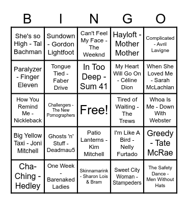 Canadian Hits! Bingo Card