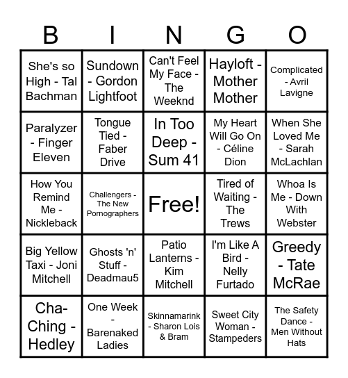 Canadian Hits! Bingo Card