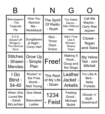 Canadian Hits! Bingo Card