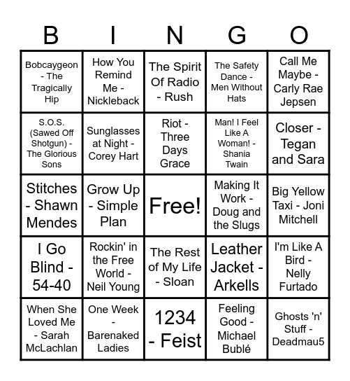 Canadian Hits! Bingo Card