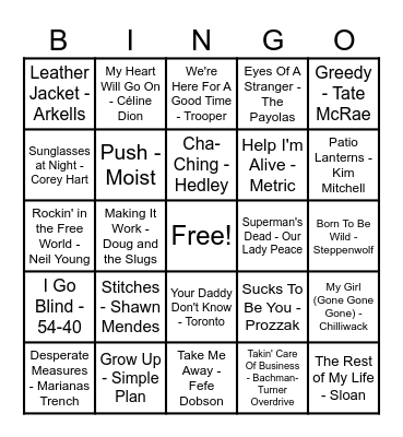 Canadian Hits! Bingo Card
