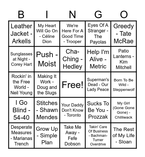 Canadian Hits! Bingo Card