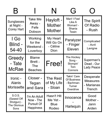 Canadian Hits! Bingo Card