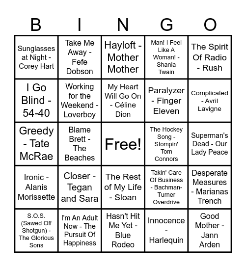 Canadian Hits! Bingo Card
