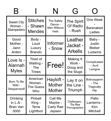 Canadian Hits! Bingo Card