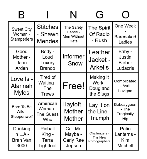 Canadian Hits! Bingo Card