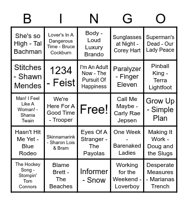 Canadian Hits! Bingo Card