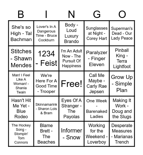 Canadian Hits! Bingo Card
