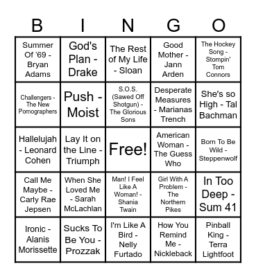 Canadian Hits! Bingo Card