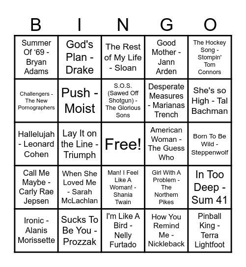 Canadian Hits! Bingo Card