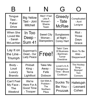 Canadian Hits! Bingo Card