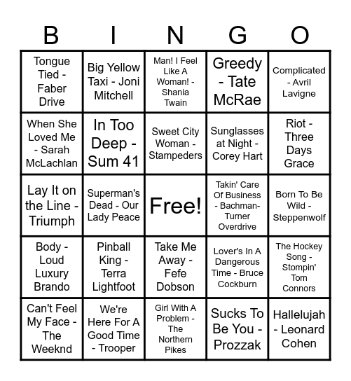 Canadian Hits! Bingo Card