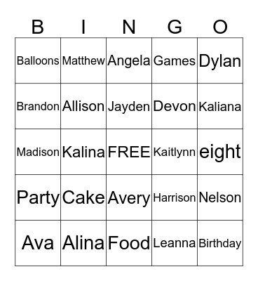 Alina's 8th Birthday Bingo Card