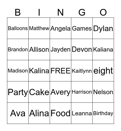Alina's 8th Birthday Bingo Card