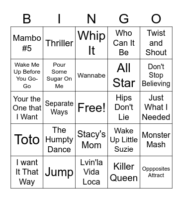 FUN Songs Bingo Card