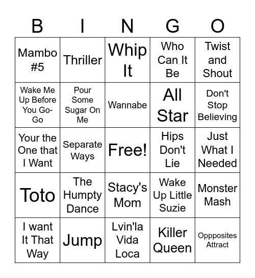 FUN Songs Bingo Card