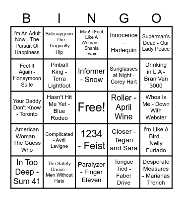 Canadian Hits! Bingo Card