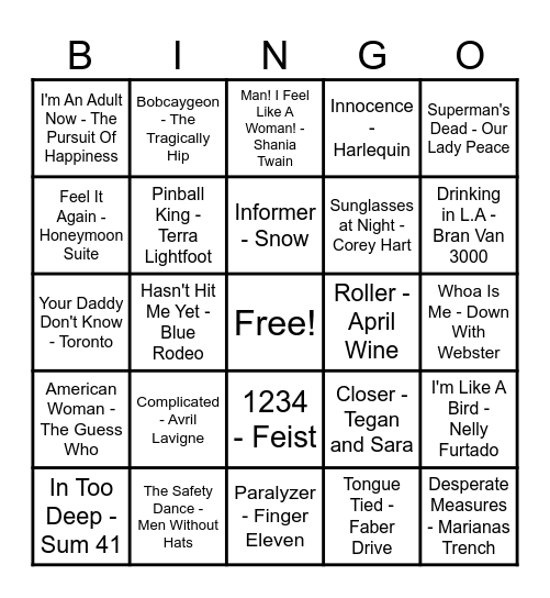 Canadian Hits! Bingo Card